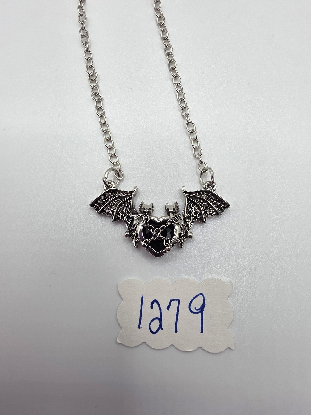 Silver Bat Heart Pendant Necklace